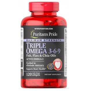 Puritans Pride Maximum Strength Triple Omega 3-6-9 Fish Flax and Chia Oils 120 Softgels